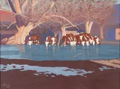 Carlos Hall, Ice on the Stock Pond, Oil on masonite