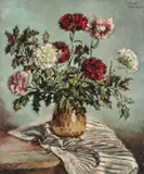 Denise Harrewyn, Carnations and Holly, Oil on Canvas