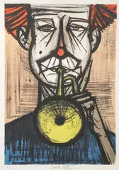 Bernard Buffett, Clown de Face avec Trompette, Color Lithograph