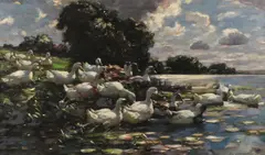 Alexander Koester, Gathering of Ducks After a Storm, Oil on canvas