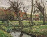 Louis Lieven Theophile Clesse, Summer Landscape with Stream and Village, Oil on board