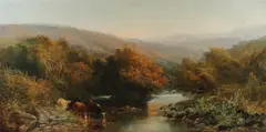 William Widgery, Cattle Watering in an Expansive Landscape, Oil on canvas