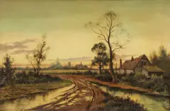 Alfred Benjamin Cole, English Dusk Landscape with Cottage, Oil on canvas