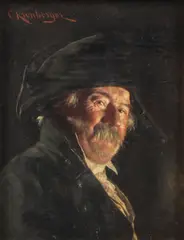 Carl Kronberger, Portrait of Gentleman in Hat, Oil on wood panel signed upper left