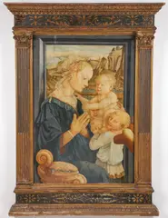Filippo Lippi, Madonna and Child with Angels, Oil on wood panel in original carved and gilt wood tabernacle frame