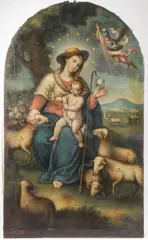 The Virgin as a Shepherdess by Miguel Cabrera, Oil on arched canvas, sold Jul 2024