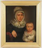 American School, Mother in Bonnet with Son Wearing Coral Necklace, Oil on wood panel