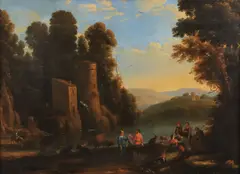 Italian School, Expansive Landscape with Travelers, Oil on canvas