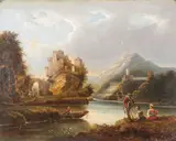 Claude Lorrain, Fishermen in Expansive Landscape with Castle Ruins, Oil on canvas relined