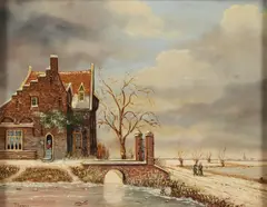 J. Ladac, Dutch Winter Landscape with Figures, Oil on wood panel