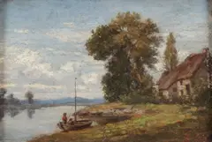 Continental School, Fisherman by Lakeshore, Oil on panel