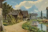 German School, Alpine Village Scene, Oil on canvas