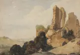 British School, Landscape with Ruins and Figures, Watercolor on paper