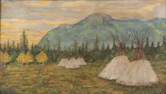 unknown Artist, Teepees in Mountanous Landscape, Oil on wood board