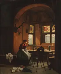 Franz Meyerheim, Interior with Woman Sewing, Oil on beveled wood panel