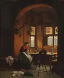 Franz Meyerheim, Interior with Woman Sewing, Oil on beveled wood panel