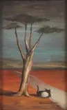 Gertrude Abercrombie, Cat with Egg Beneath Tree, Oil on board