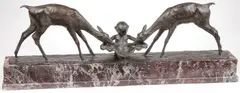 Ary Bitter, A Faun Watering Deer, Bronze with brown patina on original stepped marble base