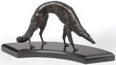 Georges Lavroff, A Wolfhound, Bronze with dark brown and verdigris patina on period shaped polished slate base