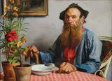 Peter Otto Cuberli, Interior Scene with Man Seated at Table, Oil on wood panel