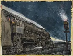 Jerome Biederman, Locomotive on a Rainy Night, Gouache on paper