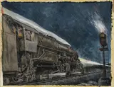 Jerome Biederman, Locomotive on a Rainy Night, Gouache on paper