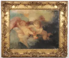 Playful Putti Looking Down From the Clouds by French School, Oil on canvas, sold Jul 2024