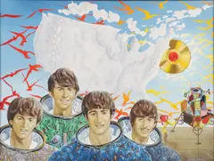 Dhmitri Zonia, Beatles Arriving in USA, Gum Arabic and gouache on board