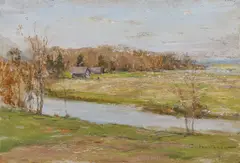 Ivan Pokhitonov, Spring Landscape with Distant Village and Figure, Oil on chamfered wood panel