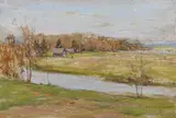 Ivan Pokhitonov, Spring Landscape with Distant Village and Figure, Oil on chamfered wood panel
