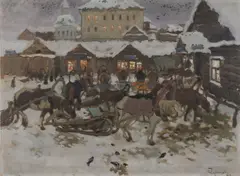 Alexander Mikhailovich Chernykh, Winter Village Scene with Troikas at Dusk, Oil on canvas