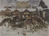 Alexander Mikhailovich Chernykh, Winter Village Scene with Troikas at Dusk, Oil on canvas