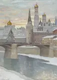 The Moscow Kremlin in Winter at Dusk by Boris Melitonovich Bogolubov, Oil on board, sold Nov 2023