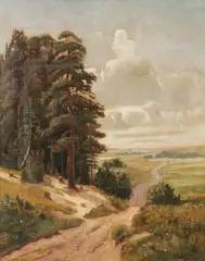 unknown Artist, Expansive Landscape with Forest and Road, Oil on canvas
