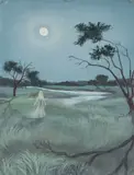 Gertrude Abercrombie, Surreal Nocturnal Landscape with Figure, Watercolor and gouache on card