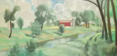 Idyllic Country Farmscape by Dorothy Young Graham, Oil on Masonite, sold Nov 2023
