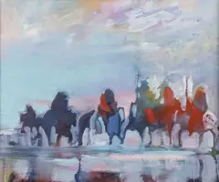 Earl Biss, Red Riders on the Water, Oil on canvas