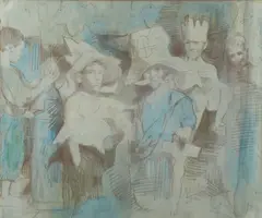 Conger Metcalf, The Young Thespians, Graphite and oil wash on coated paper