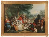The Hunting Stop by 19th century follower of Charles-Andre van Loo, Oil on canvas, sold Nov 2023