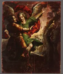 Tobias and the Angel or perhaps Jacob Wrestling the Angel by Follower of Cristóbal de Villalpando, Oil on canvas, unstretched, unframed, sold Nov 2023