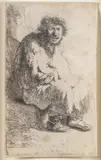 Rembrandt van Rijn, A Beggar Seated on a Bank, Etching and Drypoint on laid paper without watermark, with the fine vertical lines above and to the right of figure and with uncleaned, partially inky plate edges. Trimmed to just outside the plate mark.