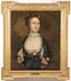 Allan Ramsay, Portrait of young woman in blue dress with pink ribbons and blue lace, Oil on canvas in feigned oval