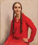 Fernand Gaudfroy, Portrait of young woman with braids in red dress, Oil on canvas