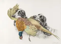 Léon Danchin, Spaniels Retrieving Pheasants, c. 1920, Color Etching