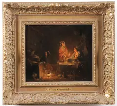 Petrus van Schendel, Figures in Candlelit Interior, Oil on chamfered wood panel