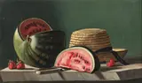 Jack Hartert, Still Life with Watermelon and Straw Hat, Oil on board