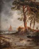 Granville Perkins, Figure on Shoreline with Ships in the Distance at Dusk, Oil on canvas