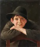 German School, Portrait of a Smiling Boy with a Hat Leaning against a Chair, Oil on canvas