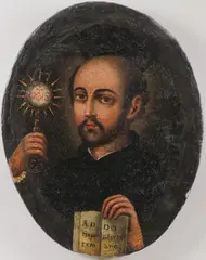 Spanish School, Portrait of Saint Ignatius of Loyola Holding a Monstrance and Book Inscribed with the Jesuit Motto in Latin, Oil on canvas