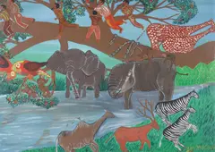 Carl McKenzie, African Jungle Scene with Animals and Human Figures, Oil on canvas